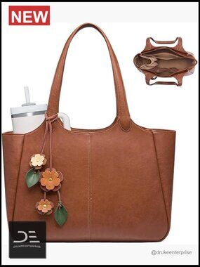Vegan Leather Tote with 40oz Cup Holder, 22L Work & Travel Bag